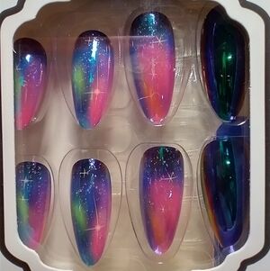 Press on nails multicolor colorful art pink blue green nail set